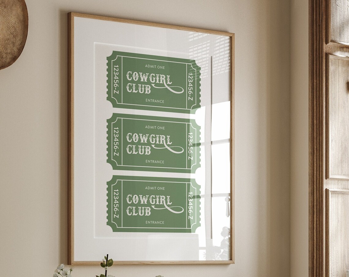 Cowgirl Club Admit One Tickets Green Retro Western Wall Art Poster