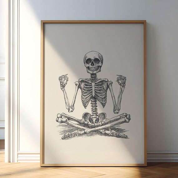 Skeleton Meditating Yoga Lotus Pose Ink Drawing Halloween Poster