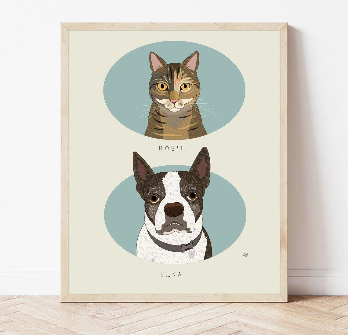 Custom Two Pet Portraits, Oval Frame Memorial Art Print - Image 3