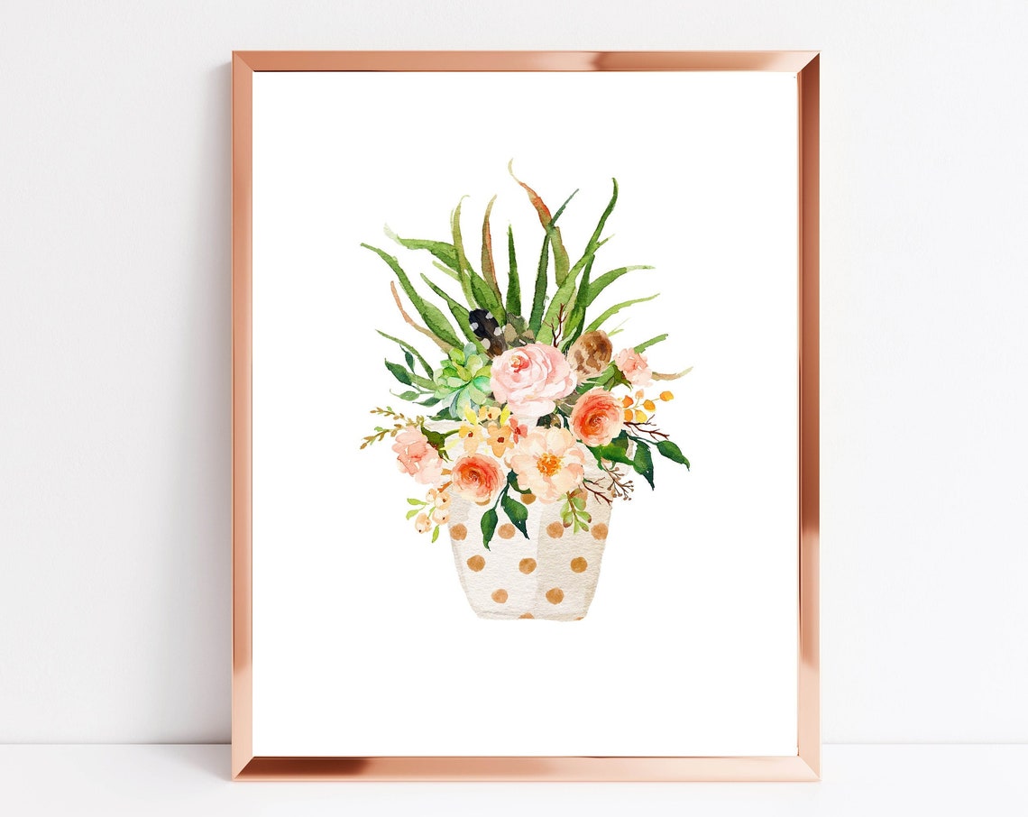 Blush Roses Watercolor Bouquet In Polka Dot Pot Floral Art Poster