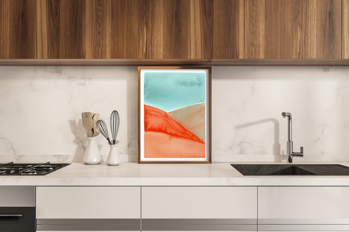 Beach Day Watercolor Abstract Orange Dunes Teal Sky Coastal Art Poster - Image 2