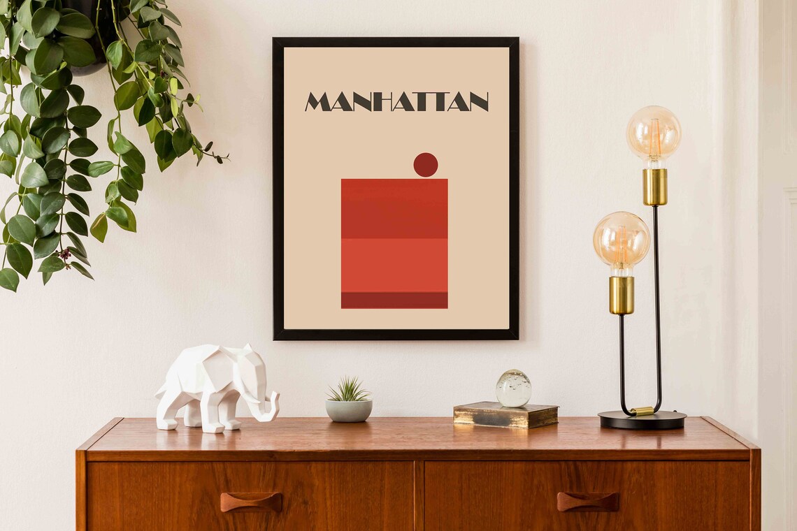 Manhattan Retro Small Text Beige Minimalist Cocktail Bar Poster