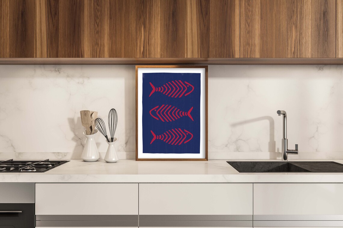 Three Fish Pink On Blue Sketched Fish Art With Watercolour Background - Image 2