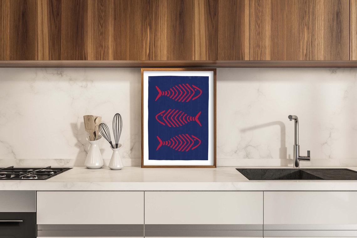 Three Pink Fish Skeleton Navy Blue Bold Coastal Graphic Art Poster - Image 2
