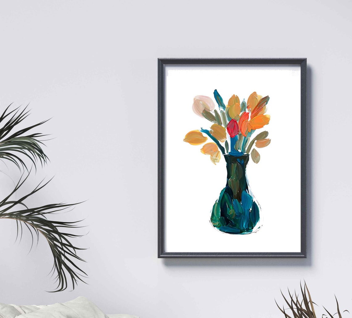 Warm Orange Flowers In Slim Green Vase Painterly Floral Poster - Image 2