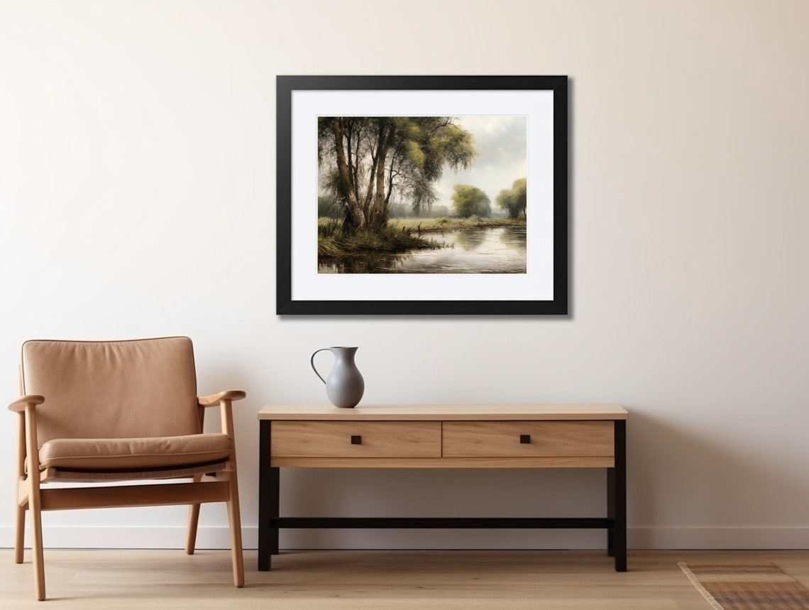 Misty Willow Riverside Landscape Antique River Trees Wall Art - Image 2