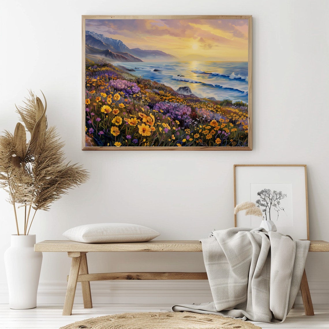 Sunset Ocean Cliffs Painting Wildflowers Golden Coast Poster - Image 2
