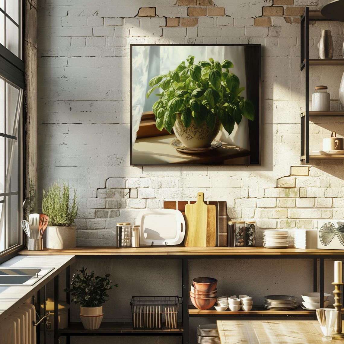 Lush Basil Plant In White Ceramic Pot Sunny Windowsill Poster - Image 2