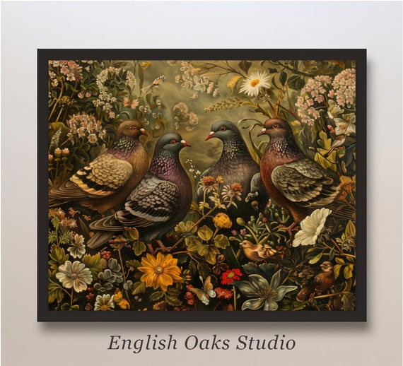Dark Academia Victorian Floral Pigeons Painting Moody Goth Cottagecore Pigeon Botanical Whimsigoth Print