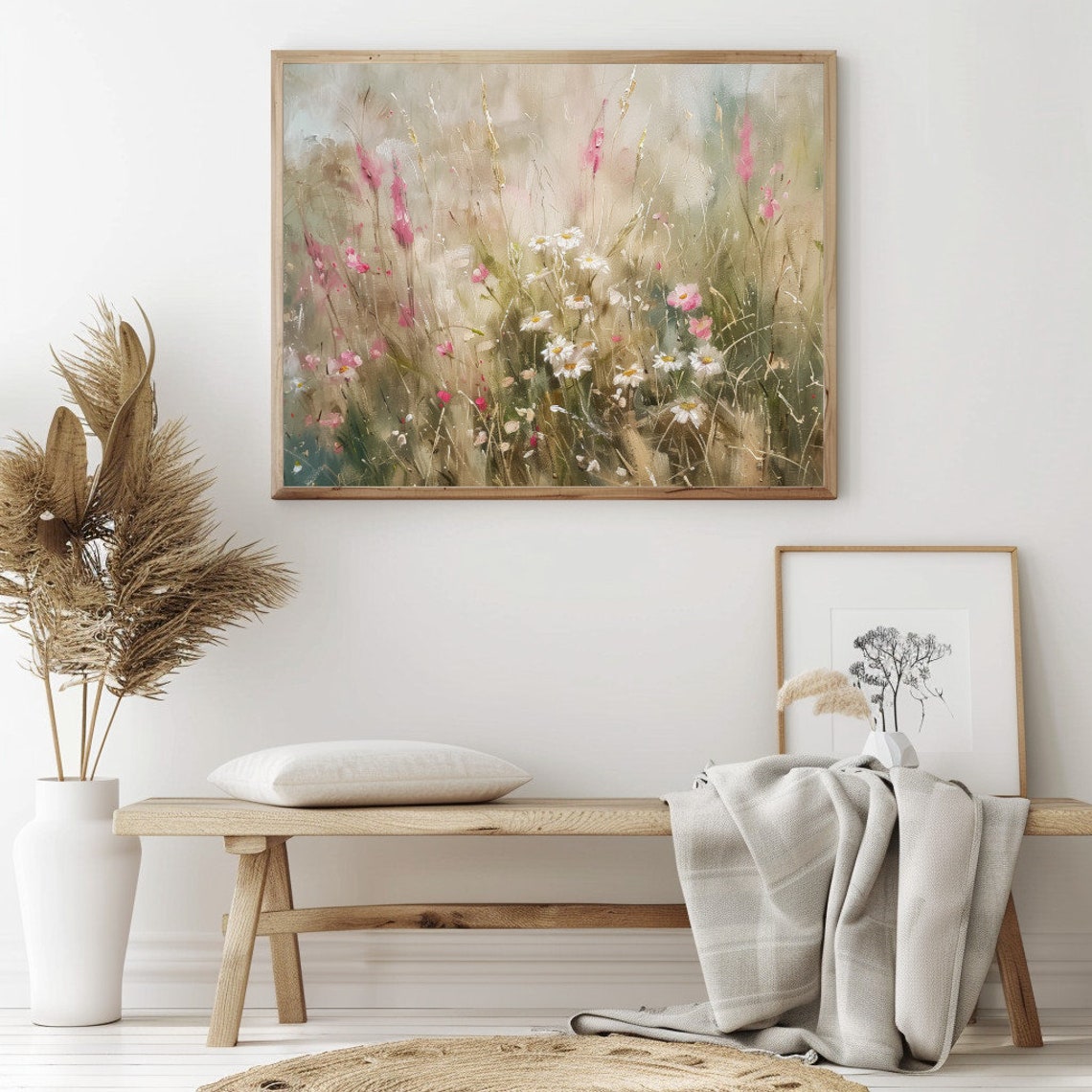 Wildflower Meadow Daisies Pink Blossoms Soft Neutral Floral Art Poster - Image 2