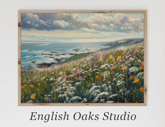 Moody Seaside Wildflowers Landscape Painting Coastal Summer Wildflowers Print