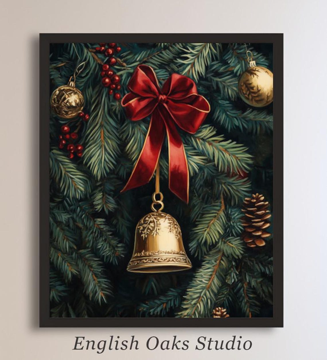 Golden Bell With Red Bow Among Pine Branches Christmas Poster