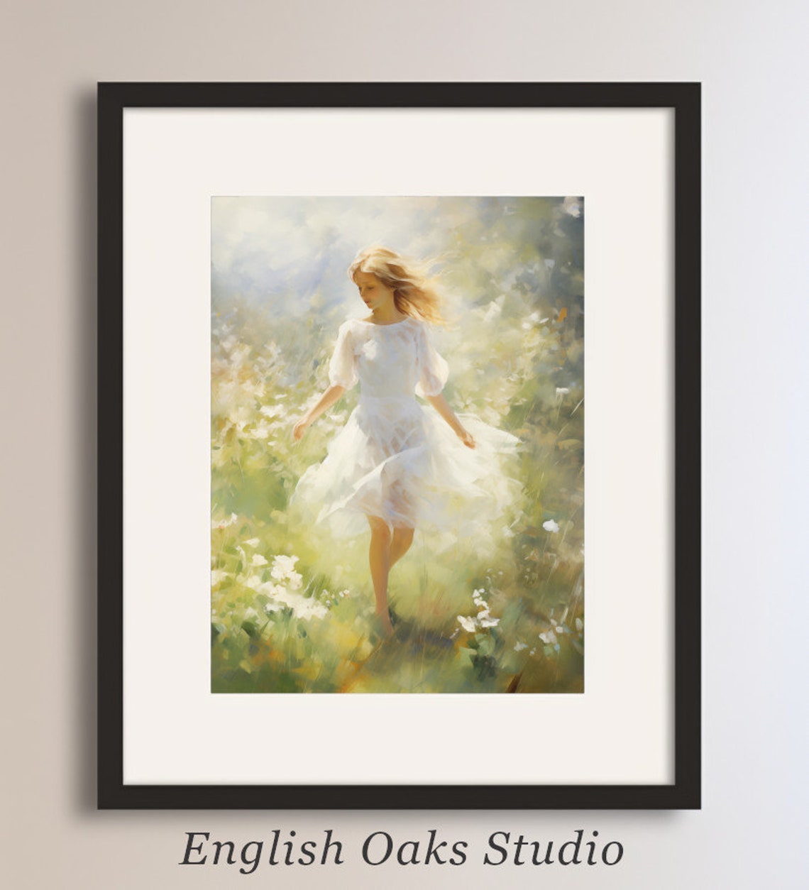 Blonde Girl Walking Through Sunlit Wildflower Meadow Art Poster