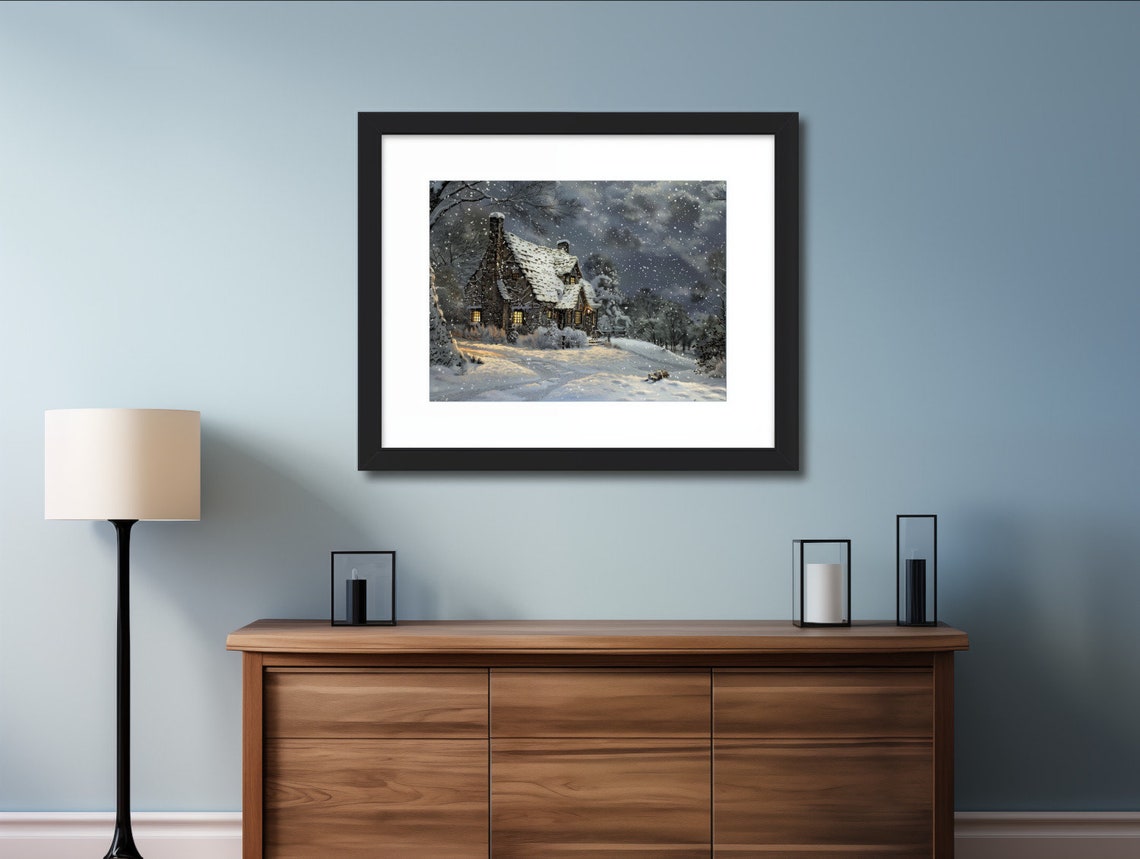 Moody Winter Cabin At Night With Glowing Windows Snowfall Poster - Image 2