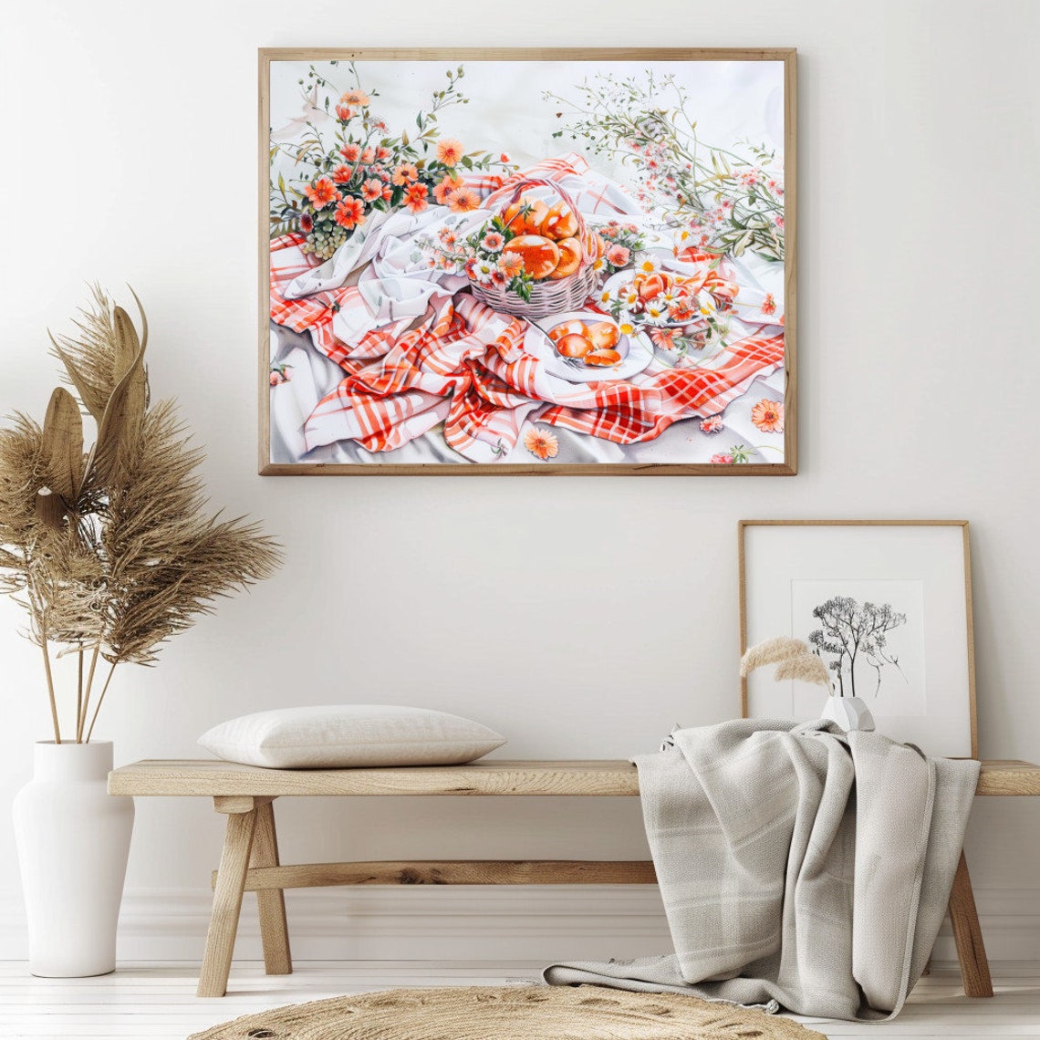 Summer Picnic with Orange Basket Checkered Blanket Floral Art Poster - Image 2