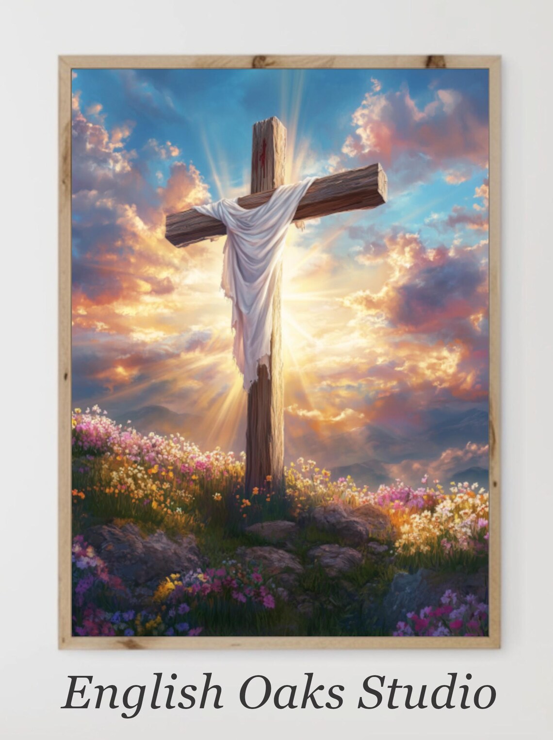Vintage Christian Easter Cross In Wildflower Field Art Print - Image 2