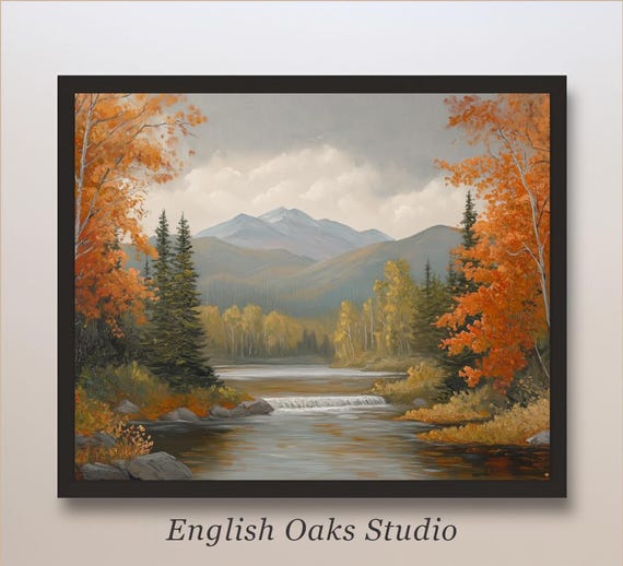Moody Rustic Neutral River Mountains Forest Fall Landscape Painting Vintage Dark Academia Trees And River Autumn Wall Art Print 02