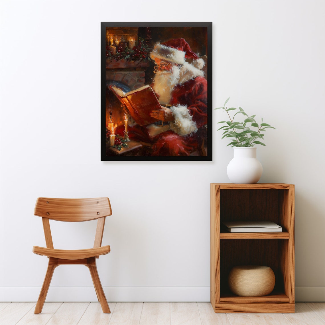 Santa Claus Reading by Fireplace Christmas Night Painting Poster - Image 2