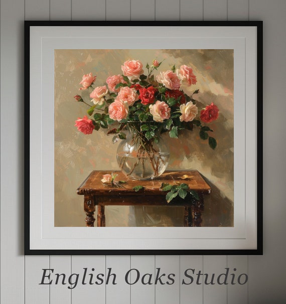 Moody Vintage Pink Roses In A Clear Vase Painting Antique Floral Still Life Print