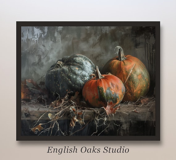 Three Moody Pumpkins Dark Rustic Harvest Still Life Oil Painting Poster