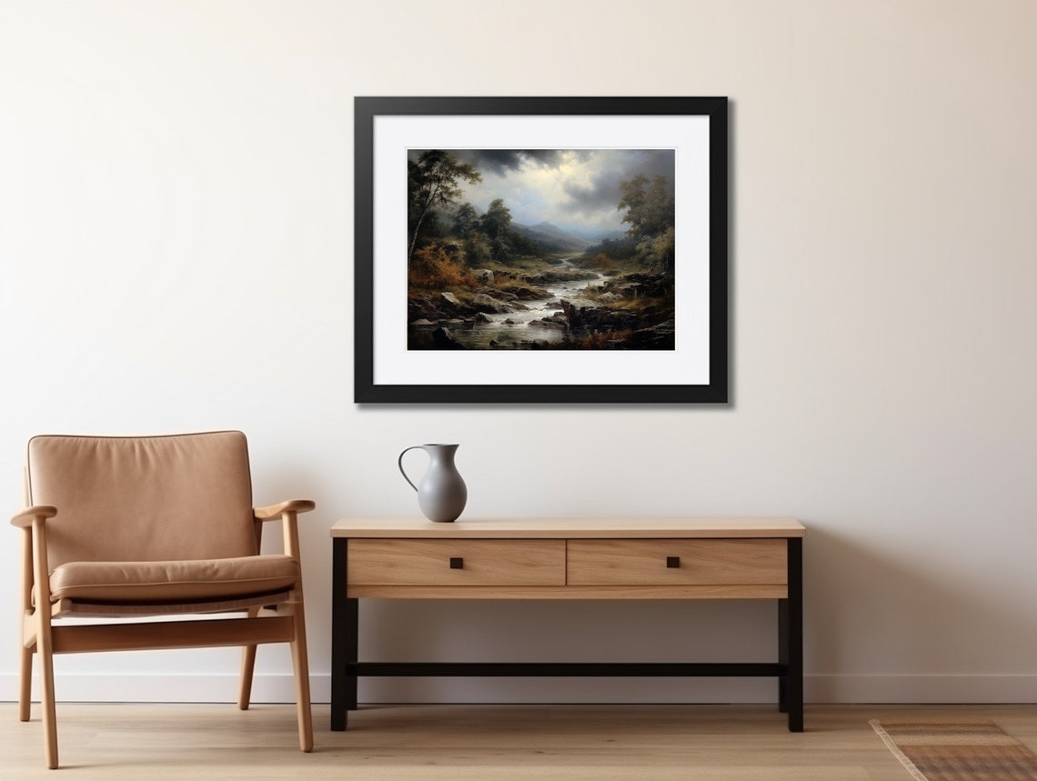 Vintage Moody River Landscape Cloudy Countryside Oil Wall Art - Image 2