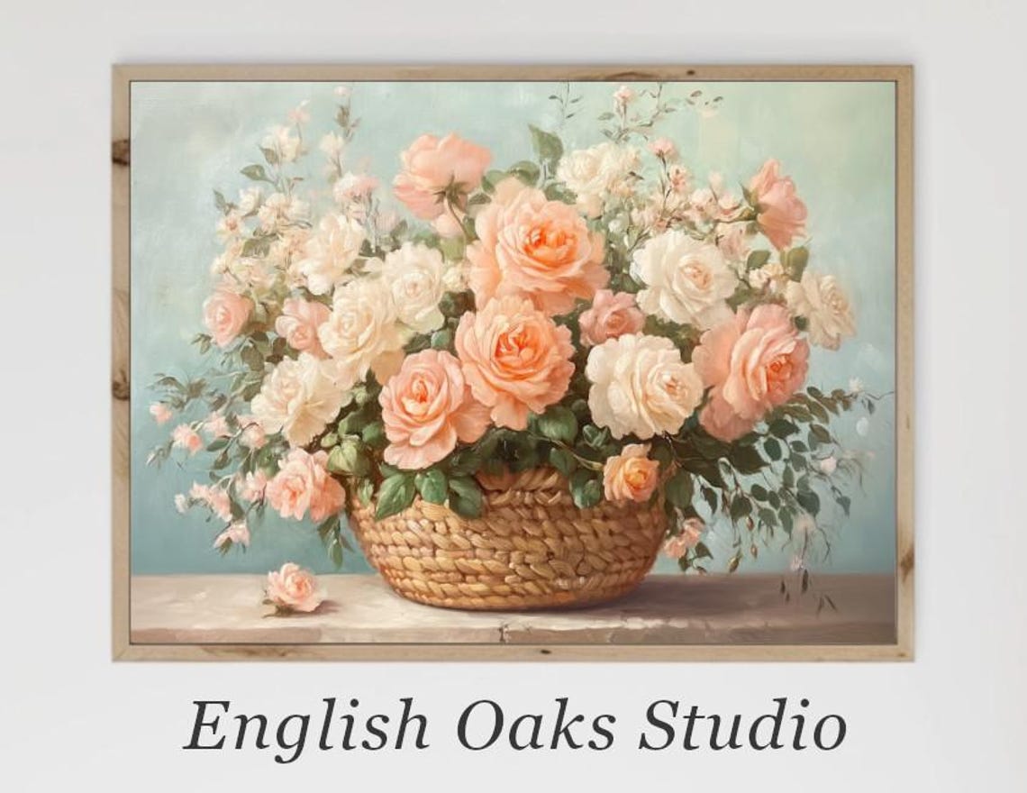 Sweet Blush Pink And White Roses Overflowing Woven Basket Poster