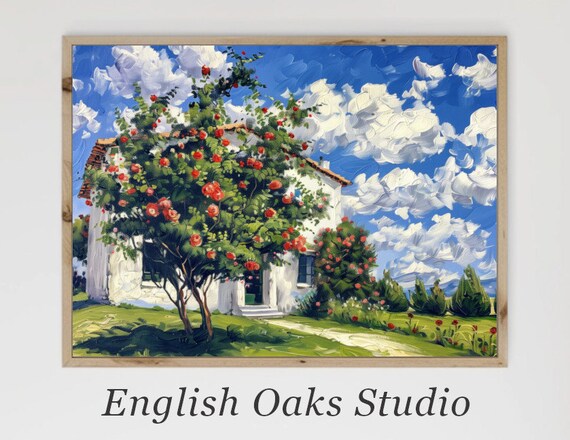 Red Blooming Rose Trees By White Cottage Under Blue Sky Poster