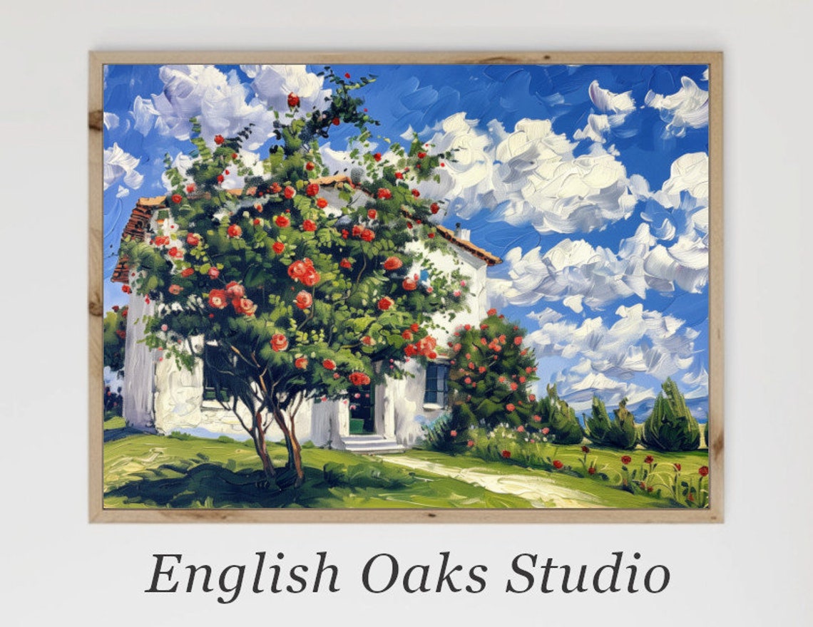 Red Blooming Rose Trees By White Cottage Under Blue Sky Poster