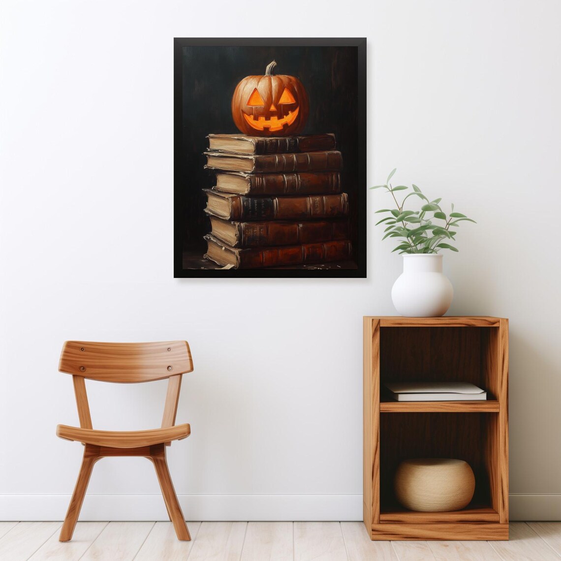 Glowing Jack O Lantern on Stack of Old Books Dark Halloween Still Life Poster - Image 2