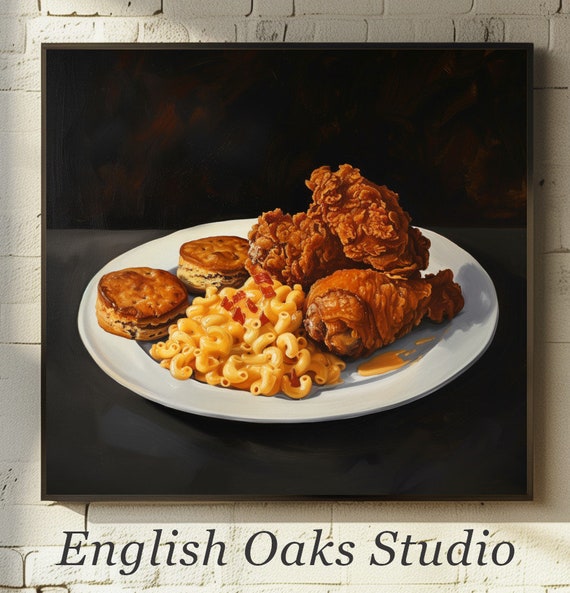 Vintage Farmhouse Southern Food On A White Plate Kitchen Still Life Painting Moody Dark Comfort Food Art Print