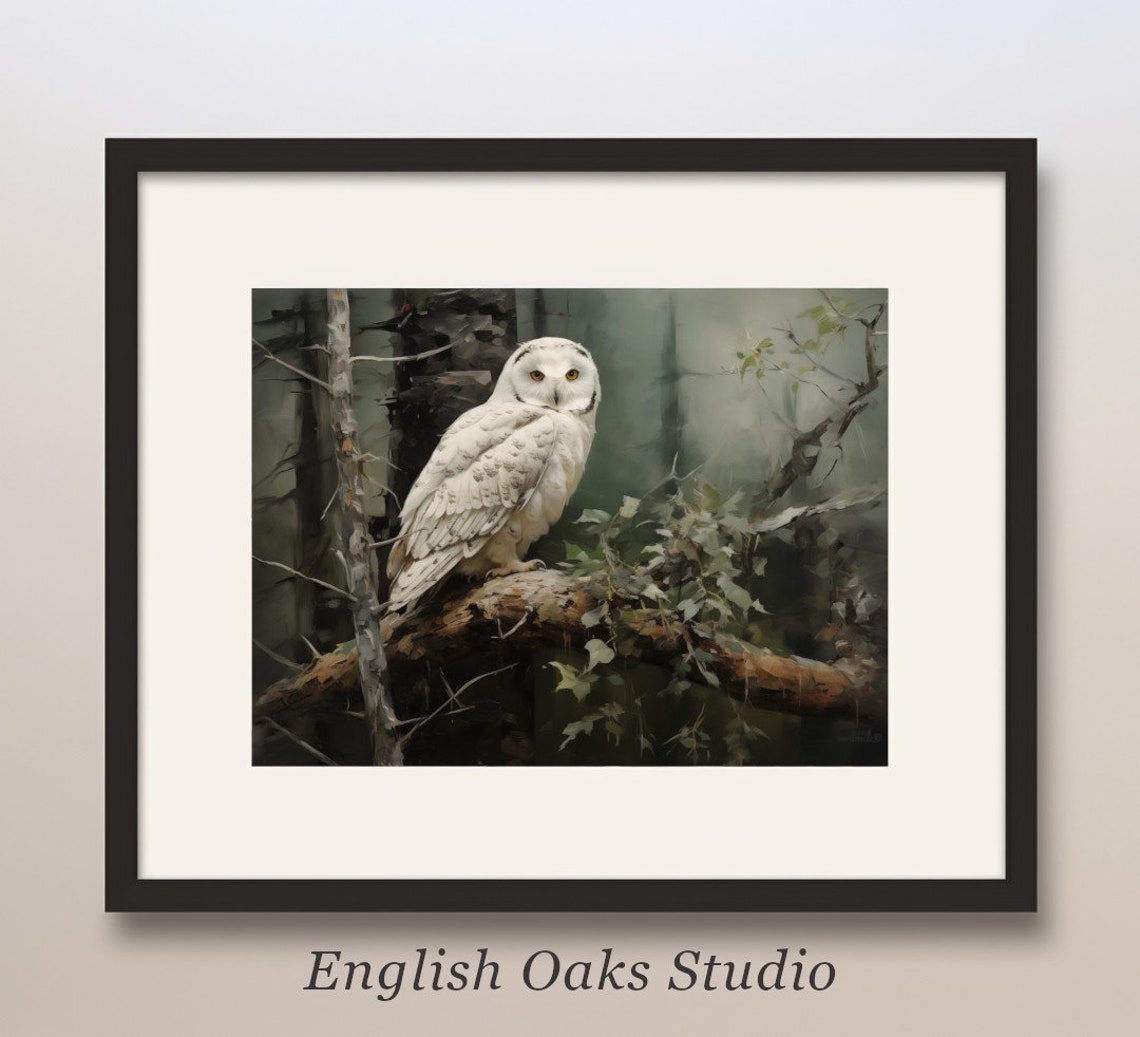 White Snowy Owl Perched on Branch in Dark Misty Forest Wildlife Poster