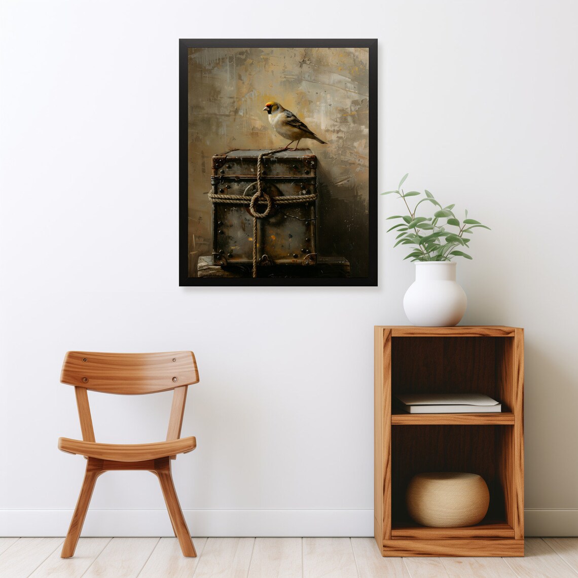 Goldfinch On Vintage Travel Trunk Muted Farmhouse Bird Painting Poster - Image 2