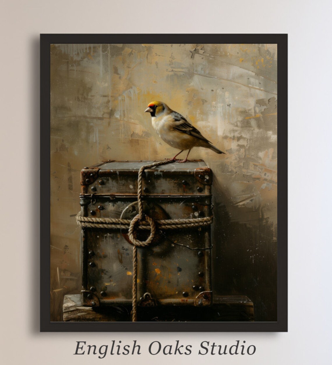 Goldfinch On Vintage Travel Trunk Muted Farmhouse Bird Painting Poster