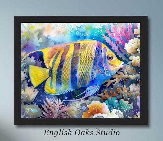 Yellow And Purple Striped Angelfish On Coral Reef Watercolor Art Poster