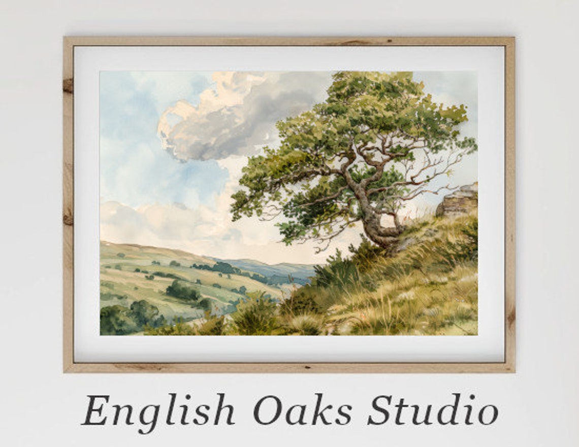 Windswept Tree on Grassy Hillside Above the Valley Art Poster
