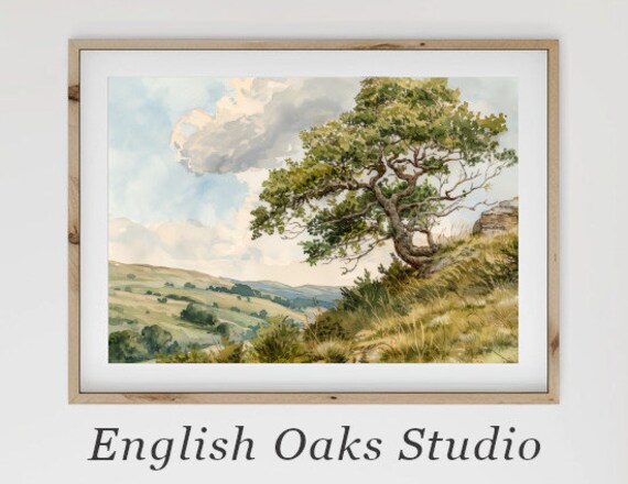 Windswept Tree on Grassy Hillside Above the Valley Art Poster