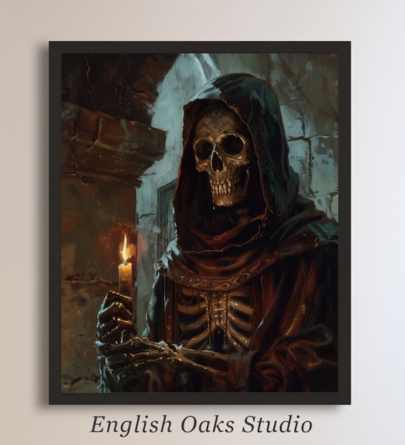 Skeleton in Cloak Holding Candle Moody Gothic Dark Academia Art Poster