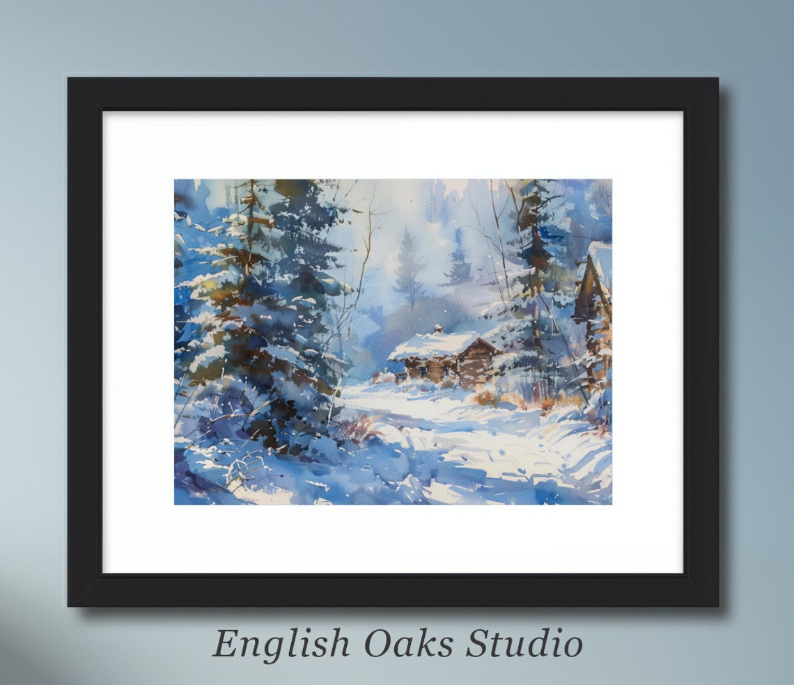 Blue Winter Watercolor Cabin In Snowy Pine Forest Painting Poster