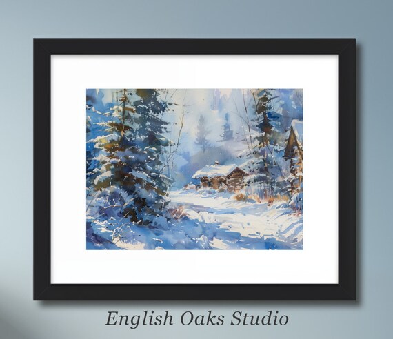 Blue Winter Watercolor Cabin In Snowy Pine Forest Painting Poster