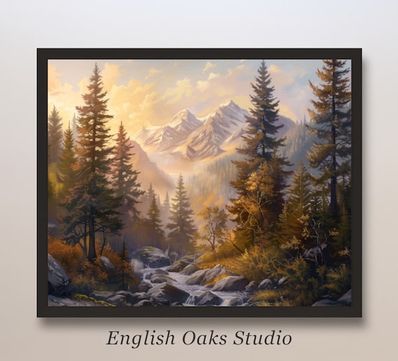 Golden Sunset Mountain Stream Painting Pines Rocky Creek Poster