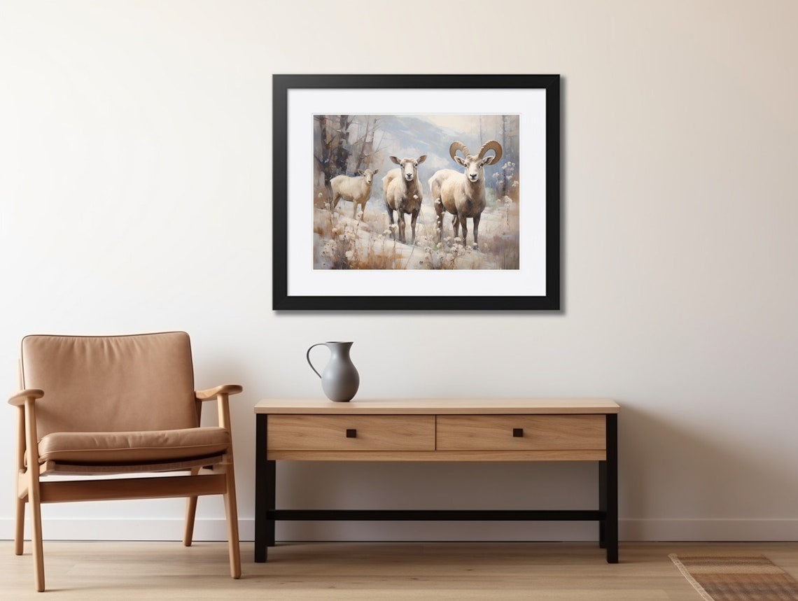 Bighorn Sheep Ram with Curled Horns in Snowy Mountain Field Poster - Image 2