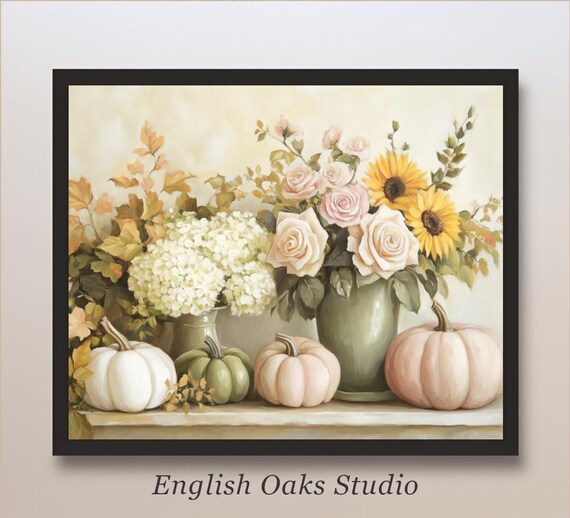 Pastel Pumpkins with Roses and Sunflowers in Vases Fall Poster