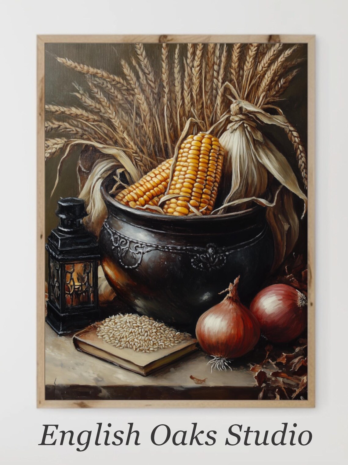 Harvest Corn and Wheat in Black Cauldron Rustic Autumn Still Life Poster