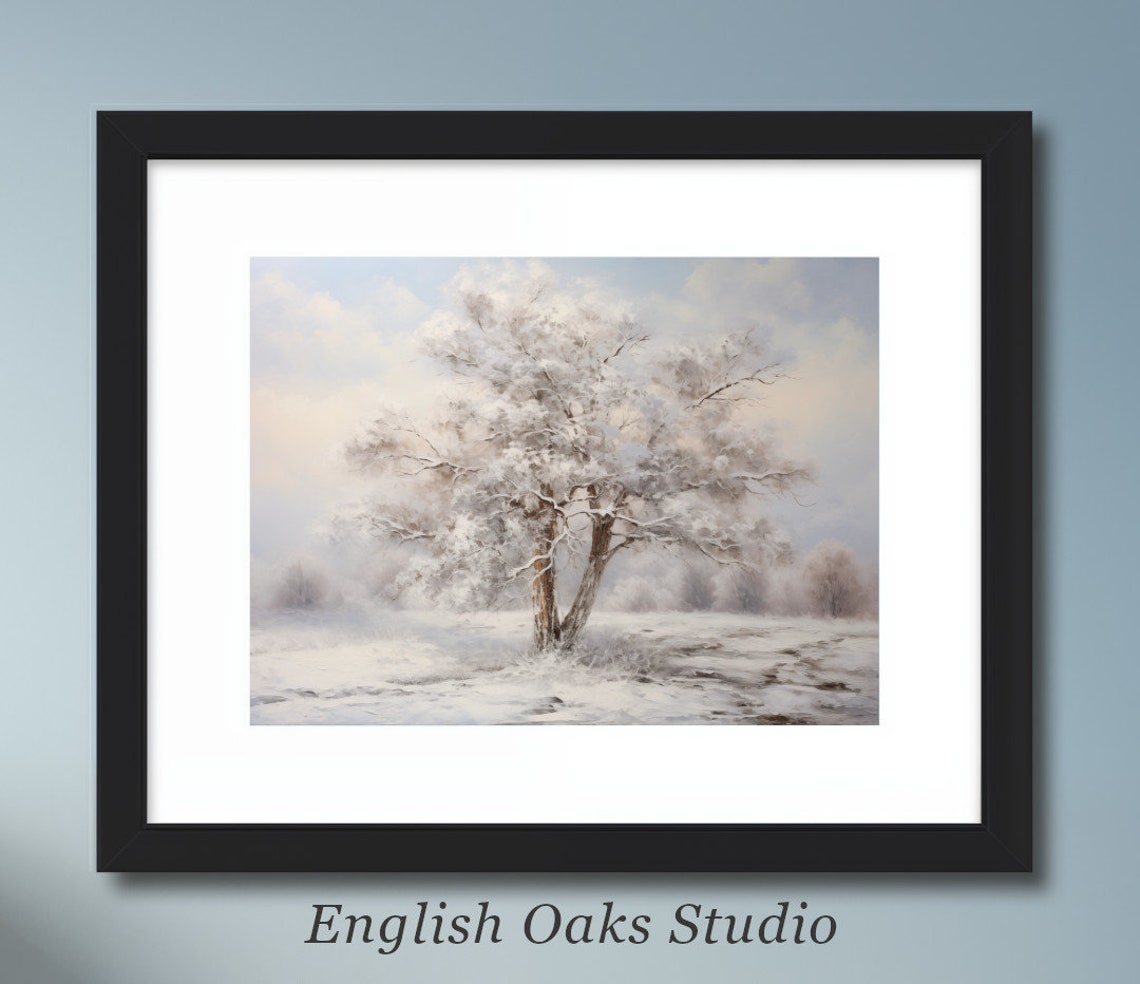 Frosted Solitary Tree in Winter Field Vintage Oil Painting Poster