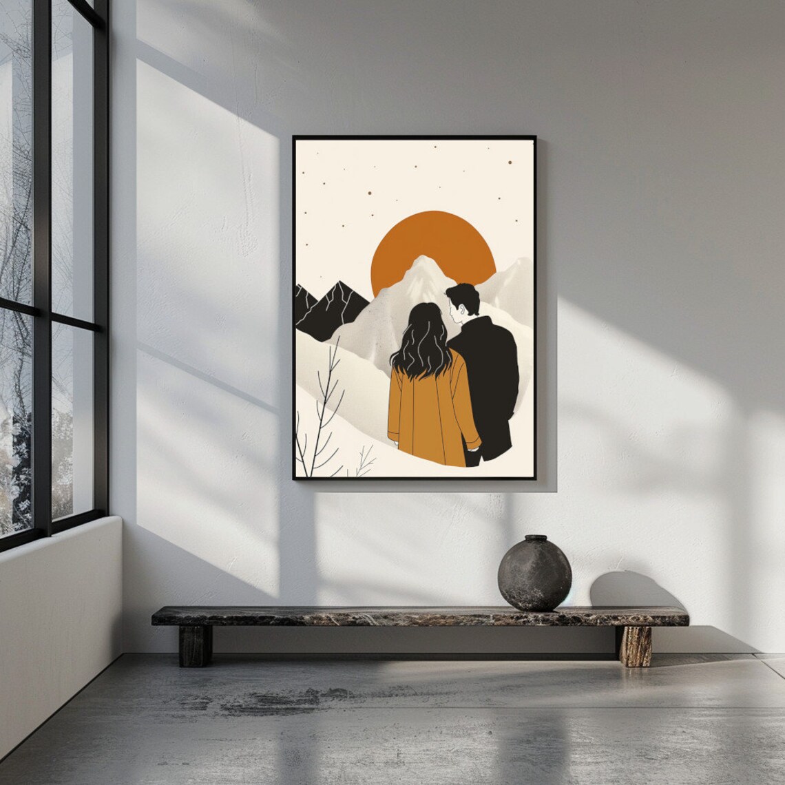 Mid Century Modern Couple Under Orange Sun Mountain Scene Poster - Image 2