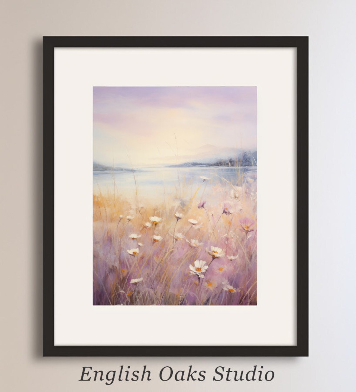 Pastel Wildflower Meadow Beside a Misty Lake Oil Painting Poster