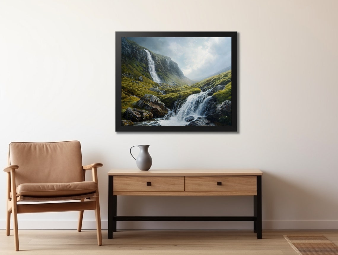 Cascading Mountain Waterfall Moody Mossy Valley Oil Painting Poster - Image 2