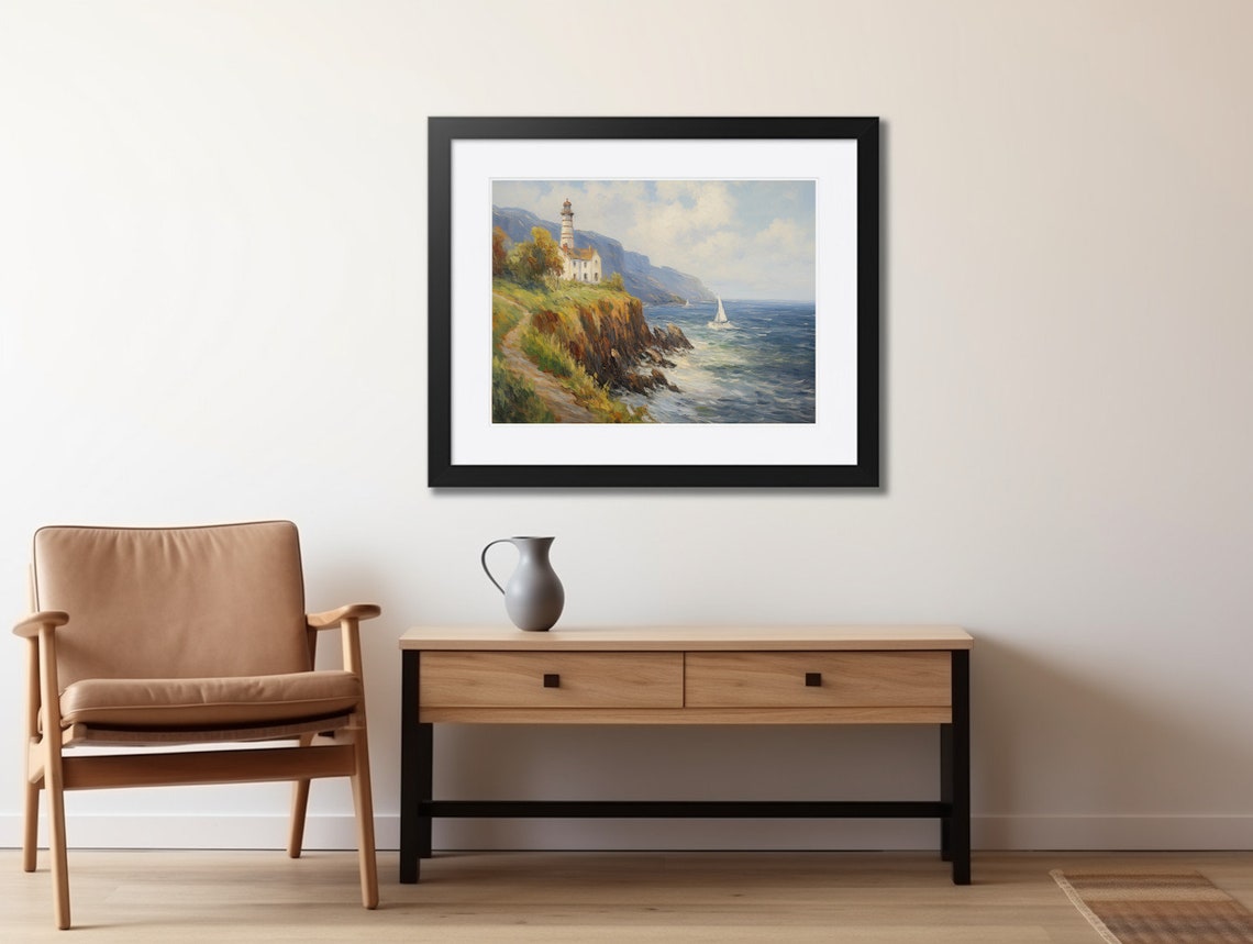 Coastal Lighthouse on Rocky Cliffs With Sailboat Ocean Poster - Image 2