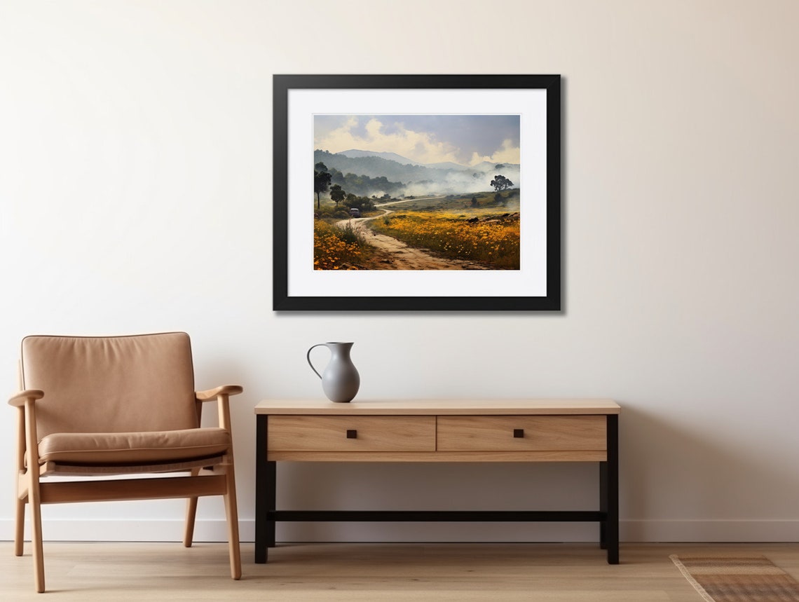 Winding Dirt Road Through Yellow Wildflower Fields Art Poster - Image 2