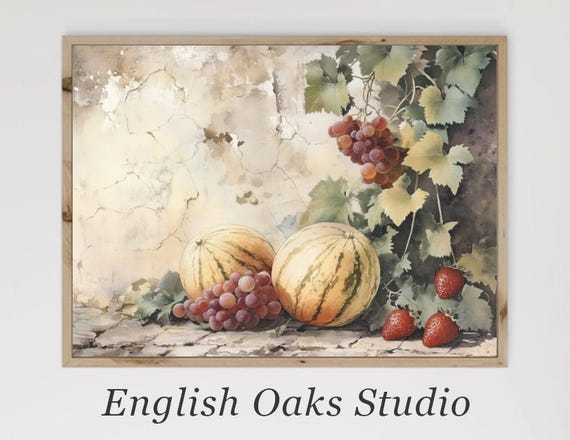 Vintage Farmhouse Fruits Near A Rustic Wall Painting Moody Cantaloupes Grapes And Berries Situated On A Cobblestone Path Still Life Print